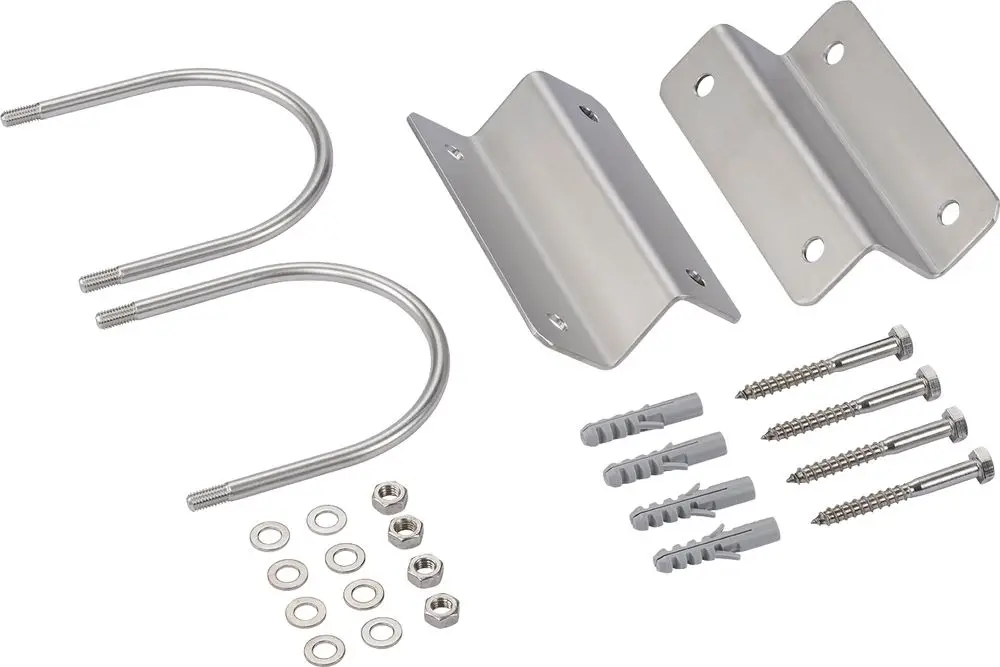 Wandhalteset von Grünbeck mit zwei U-beschlägen, Metallplatten, Schrauben, Dübel und Unterlegscheiben für die Montage.